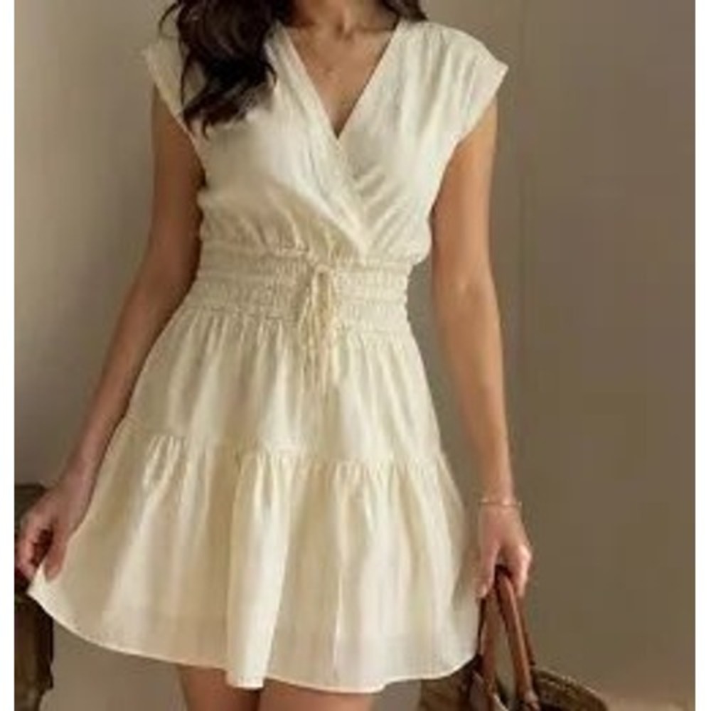 Melloday Yellow White Striped Surplice Smocked Mini Dress‎ Sz Med CED240313-TMD